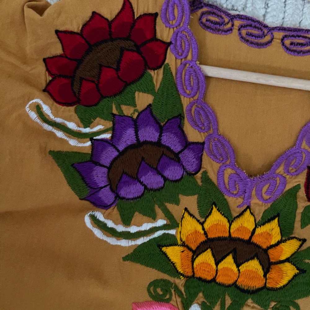 Mexican Embroidered Floral Tank Dress in Mustard with Multicolor Bloom - Picture 5 of 8